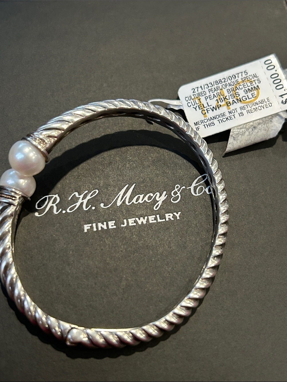 Silver-Tone Rope Bangle with White Pearl Accents